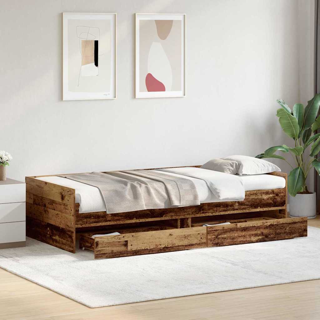vidaXL Bed Frame with Drawer Old Wood 90 x 190 cm Solid Pine Wood