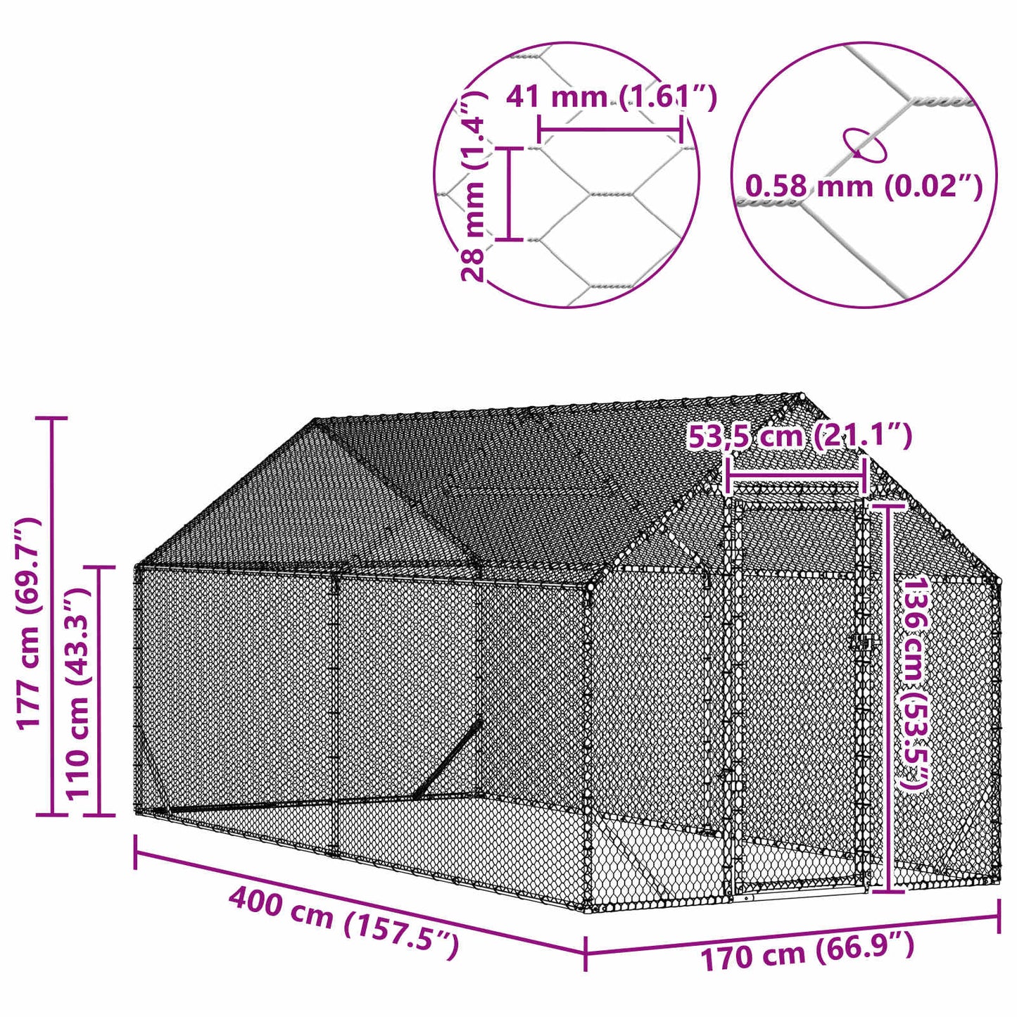 vidaXL Chicken Cage Silver 400 x 170 x 177 cm Galvanised Steel