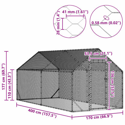 vidaXL Chicken Cage Silver 400 x 170 x 177 cm Galvanised Steel