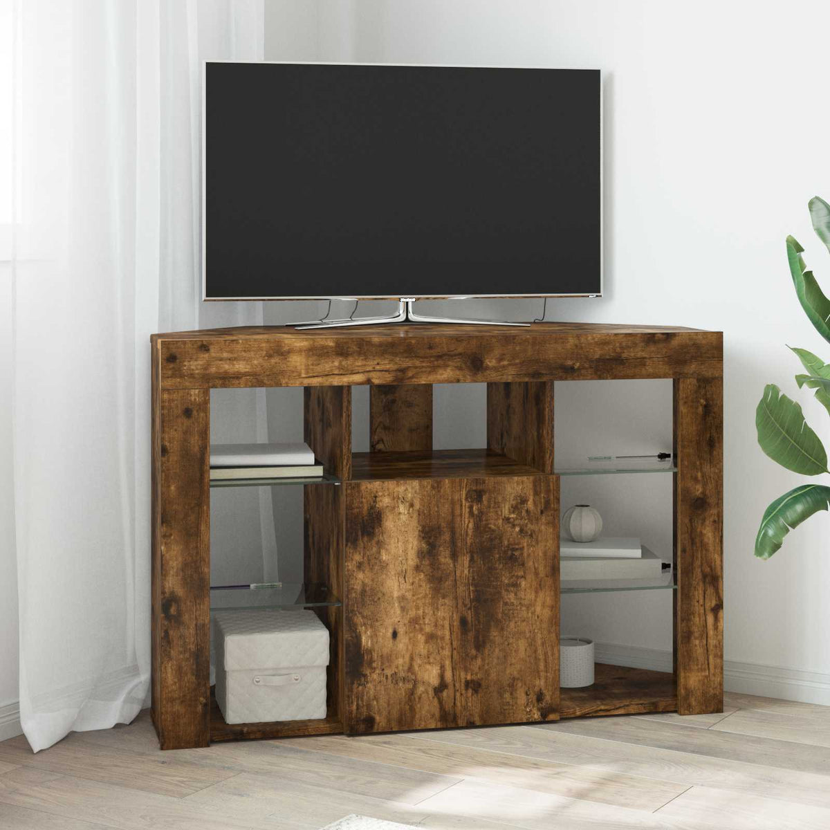 vidaXL Corner LED TV Cabinet 100x40x68cm Smoked Oak Engineered Wood