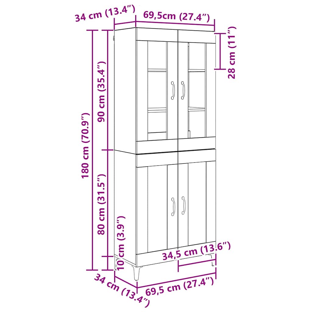 vidaXL Highboard Black Oak 69.5 x 34 x 180 cm Engineered Wood