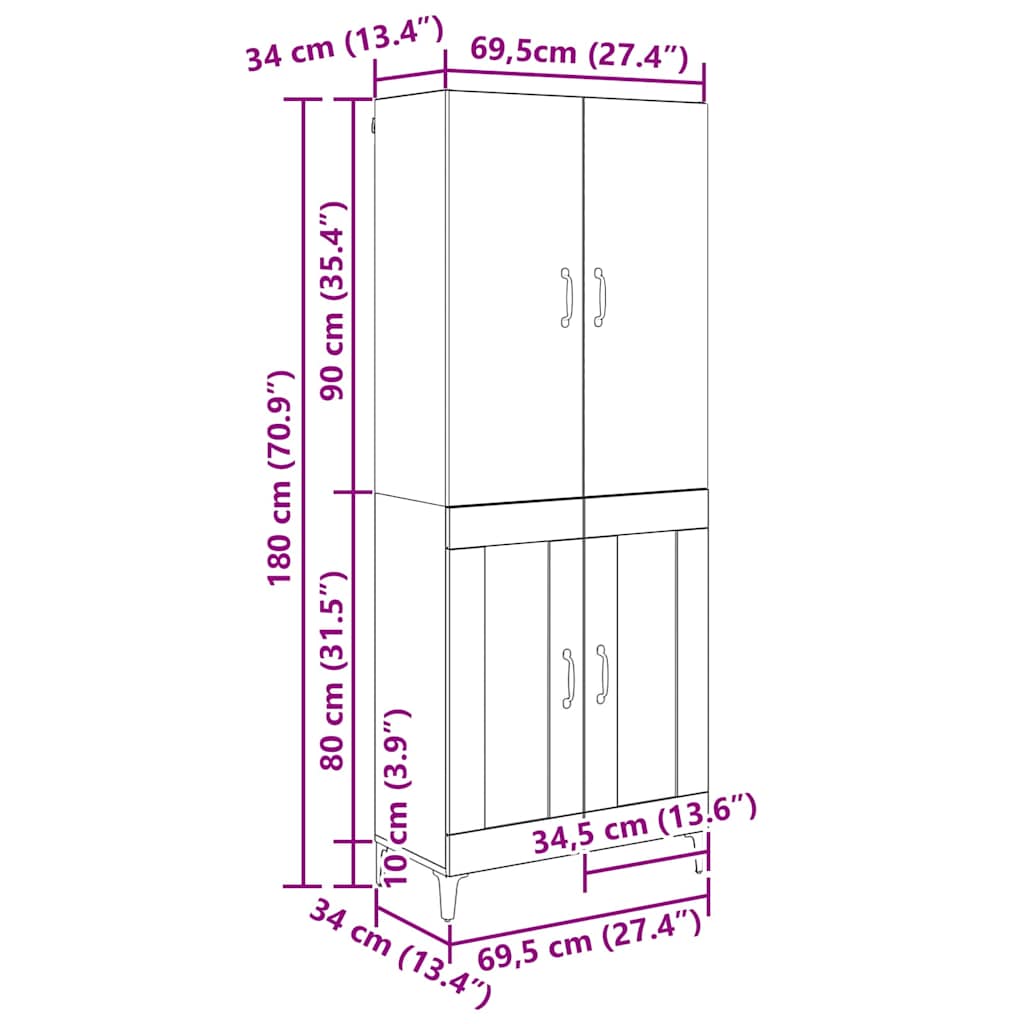 vidaXL Highboard Black Oak 69.5 x 34 x 180 cm Engineered Wood