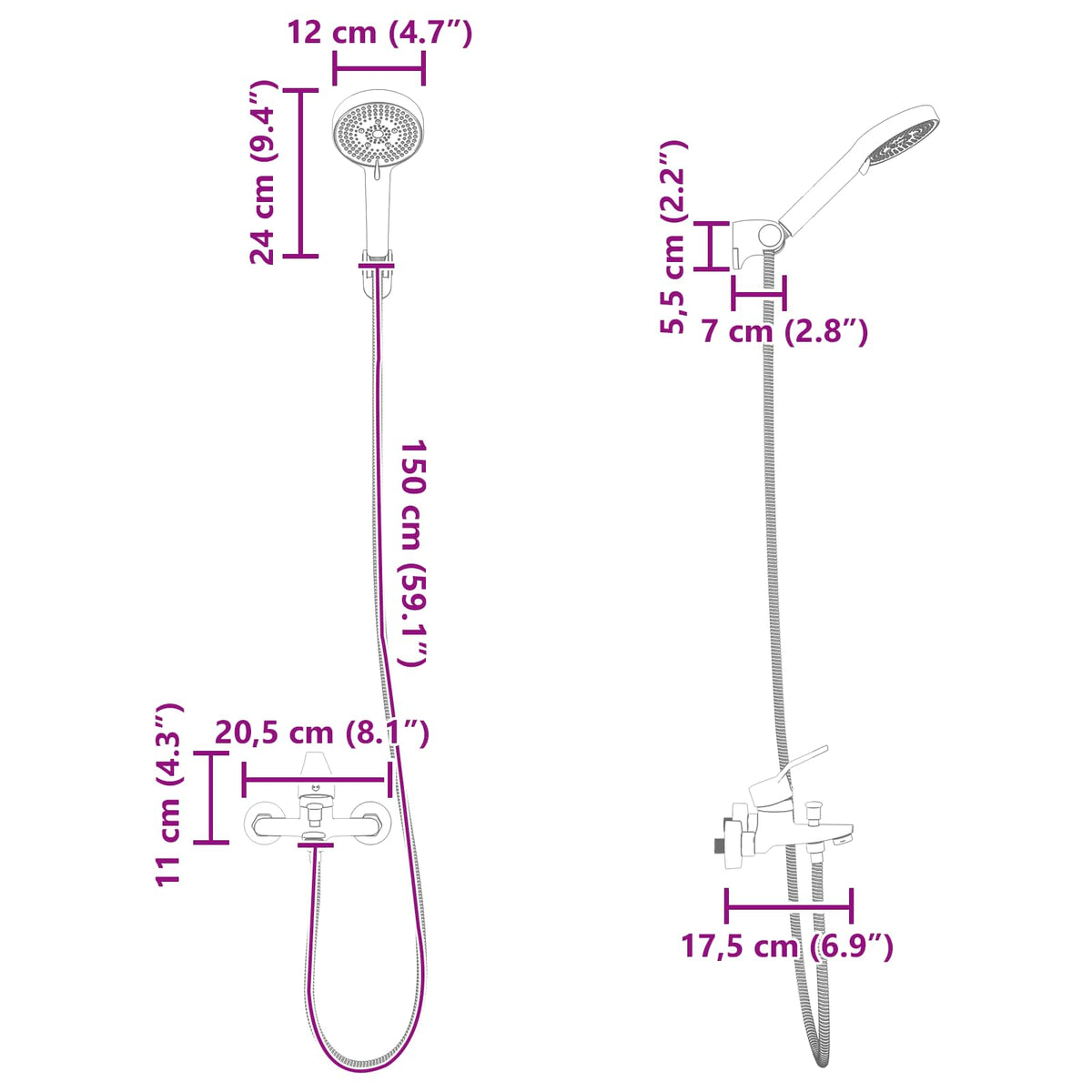 vidaXL Shower Head Set Black G 1/2 inches