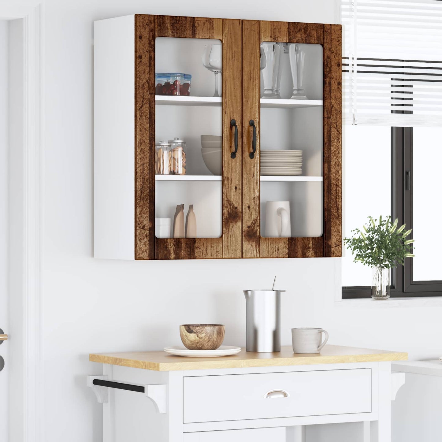 vidaXL Wall Glass Cabinet LUCCA Old Wood 80 x 31 x 80 cm