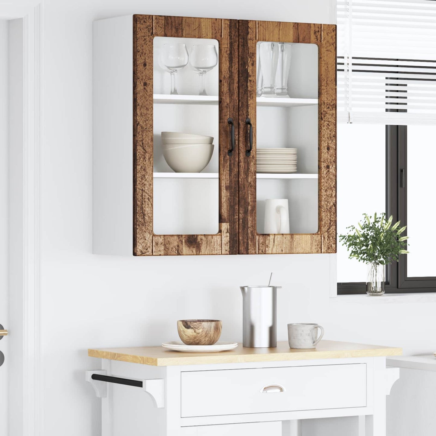 vidaXL Wall Glass Cabinet PORTO Old Wood 80 x 31 x 80 cm