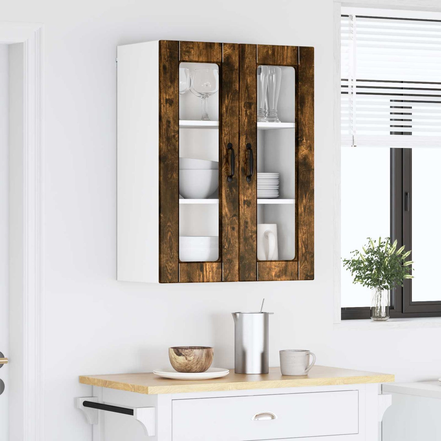 vidaXL Wall Glass Cabinet PORTO Smoked Oak 60 x 31 x 80 cm