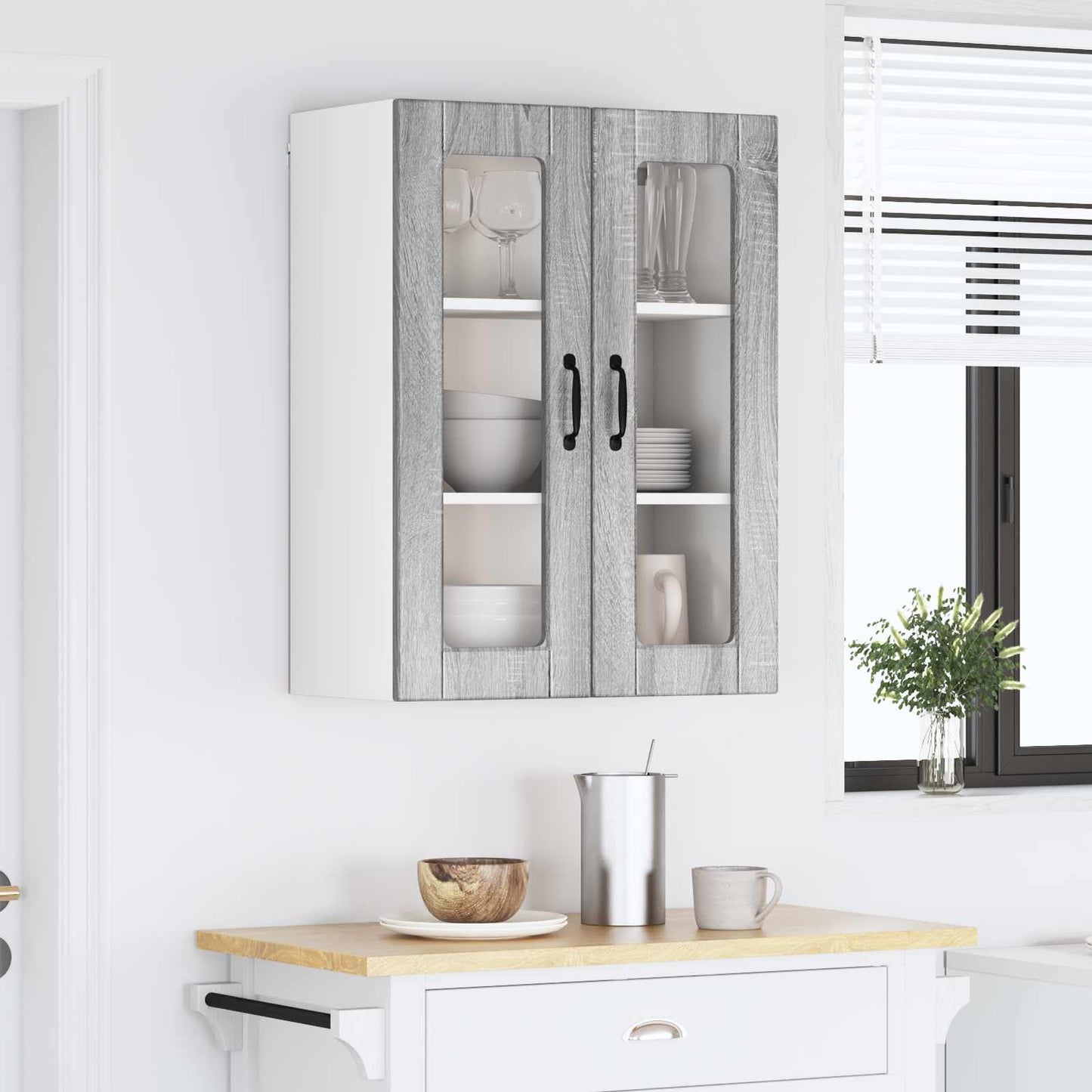 vidaXL Wall Glass Cabinet PORTO Grey Sonoma 60 x 31 x 80 cm
