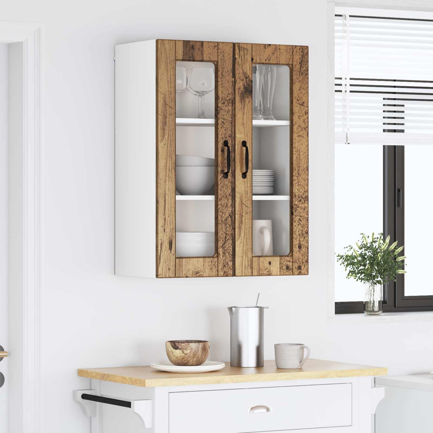vidaXL Wall Glass Cabinet PORTO Old Wood 60 x 31 x 80 cm