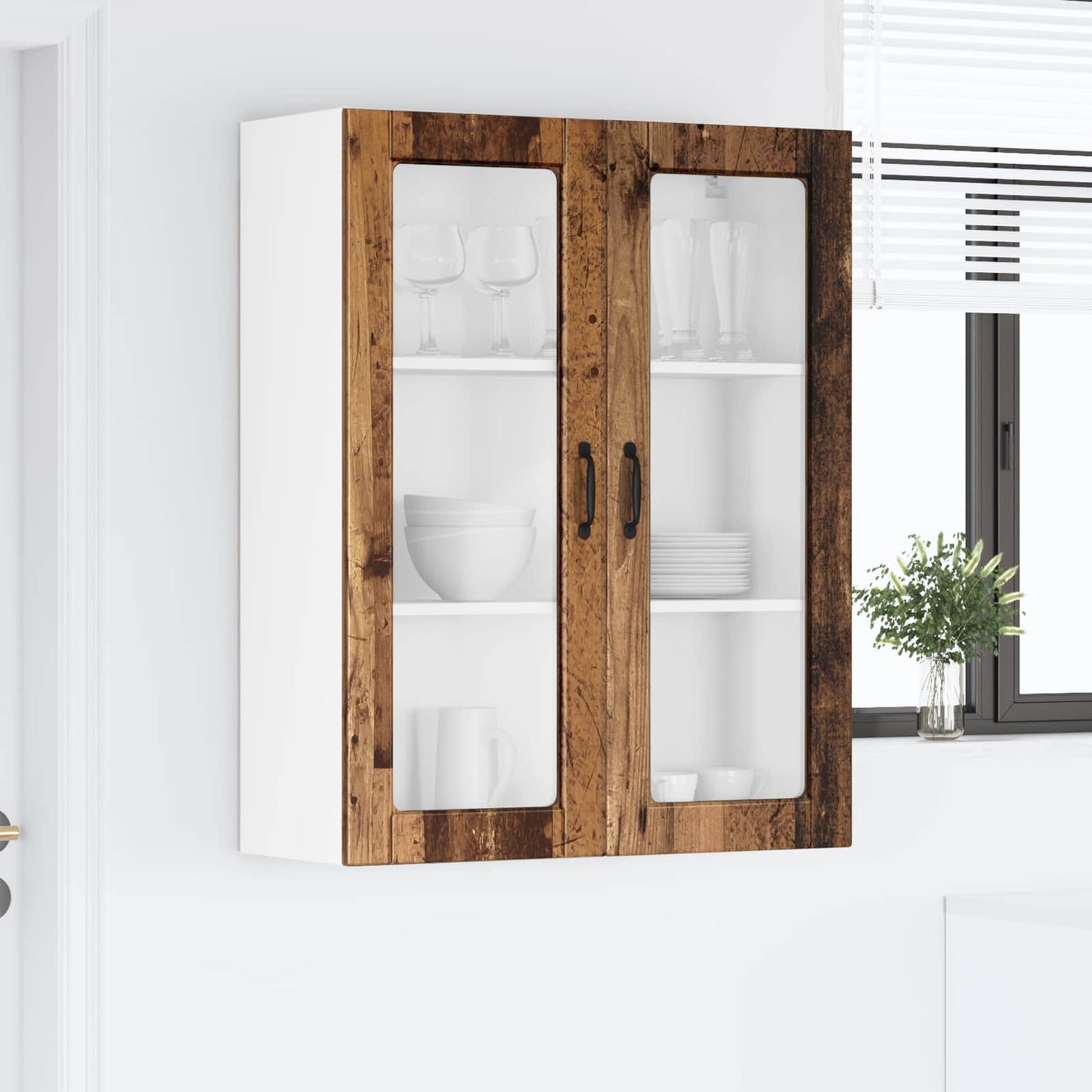 vidaXL Wall Glass Cabinet PORTO Old Wood 80 x 31 x 100 cm