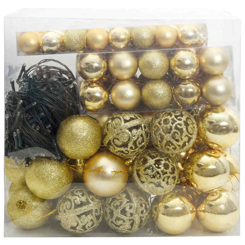 vidaXL Christmas Bauble Set 120 pcs Gold Ø 2.36 in Plastic 300 LEDs