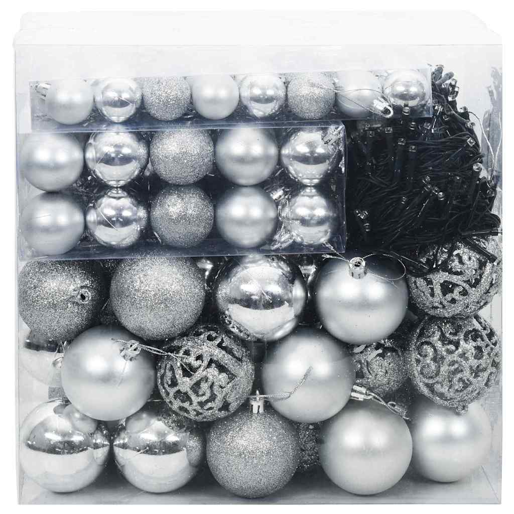 vidaXL Christmas Bauble Set 120 pcs Silver Ø 2.36 in Plastic 300 LEDs