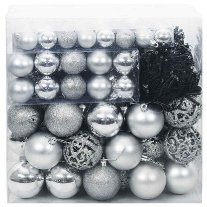 vidaXL Christmas Bauble Set 120 pcs Silver Ø 2.36 in Plastic 300 LEDs
