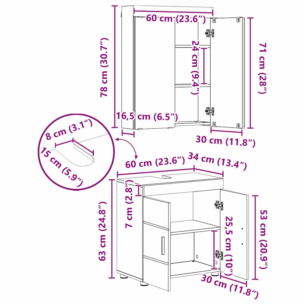 vidaXL Bathroom Furniture Set TULUM 3 pcs High Gloss White