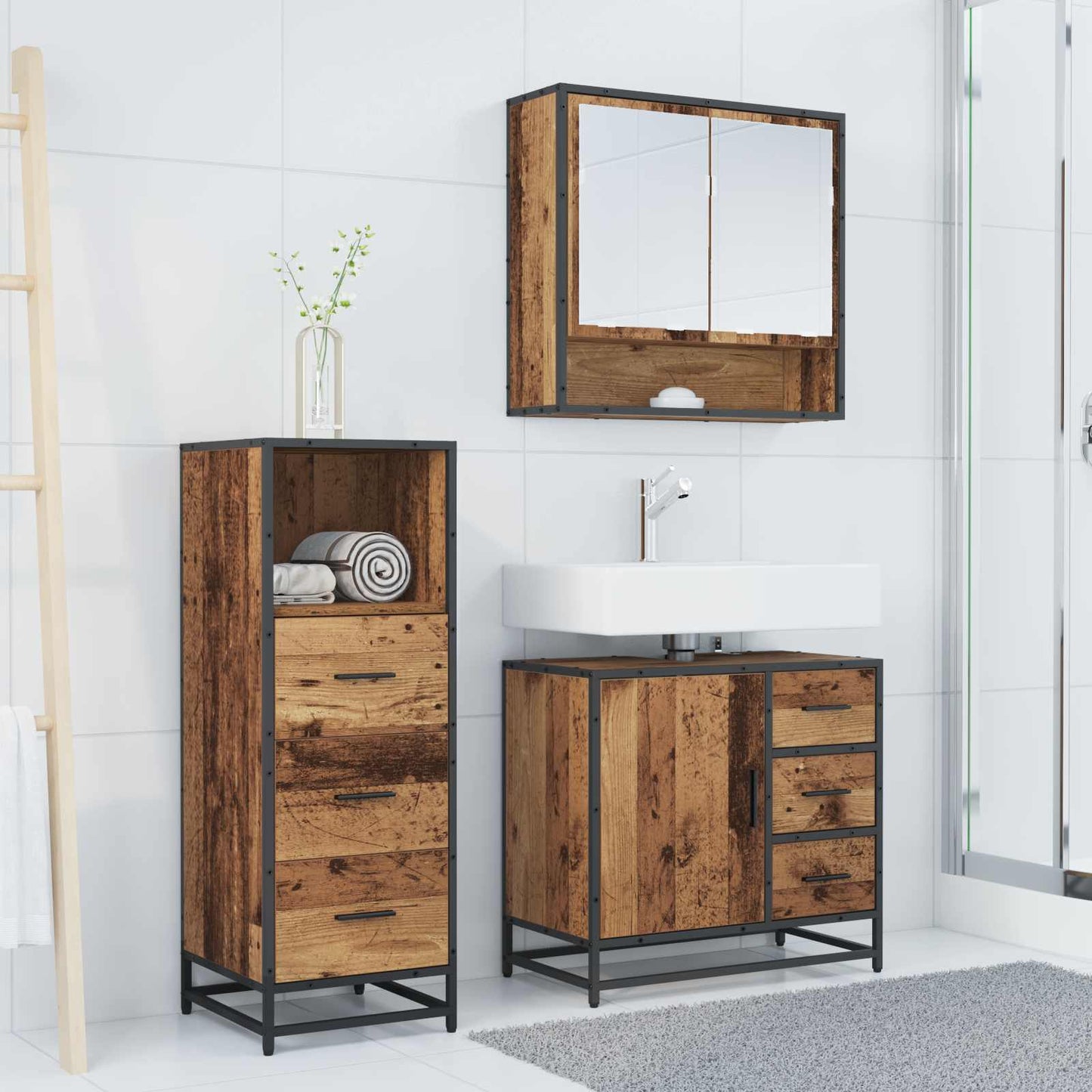 vidaXL Bathroom Furniture Set with Door 3 pcs Old Wood Engineered Wood