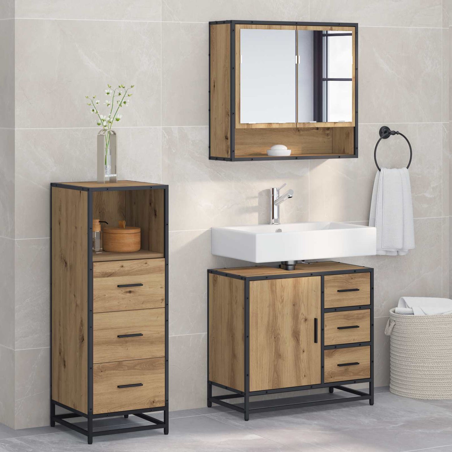 vidaXL Bathroom Furniture Set 3 pcs Artisan Oak Engineered Wood