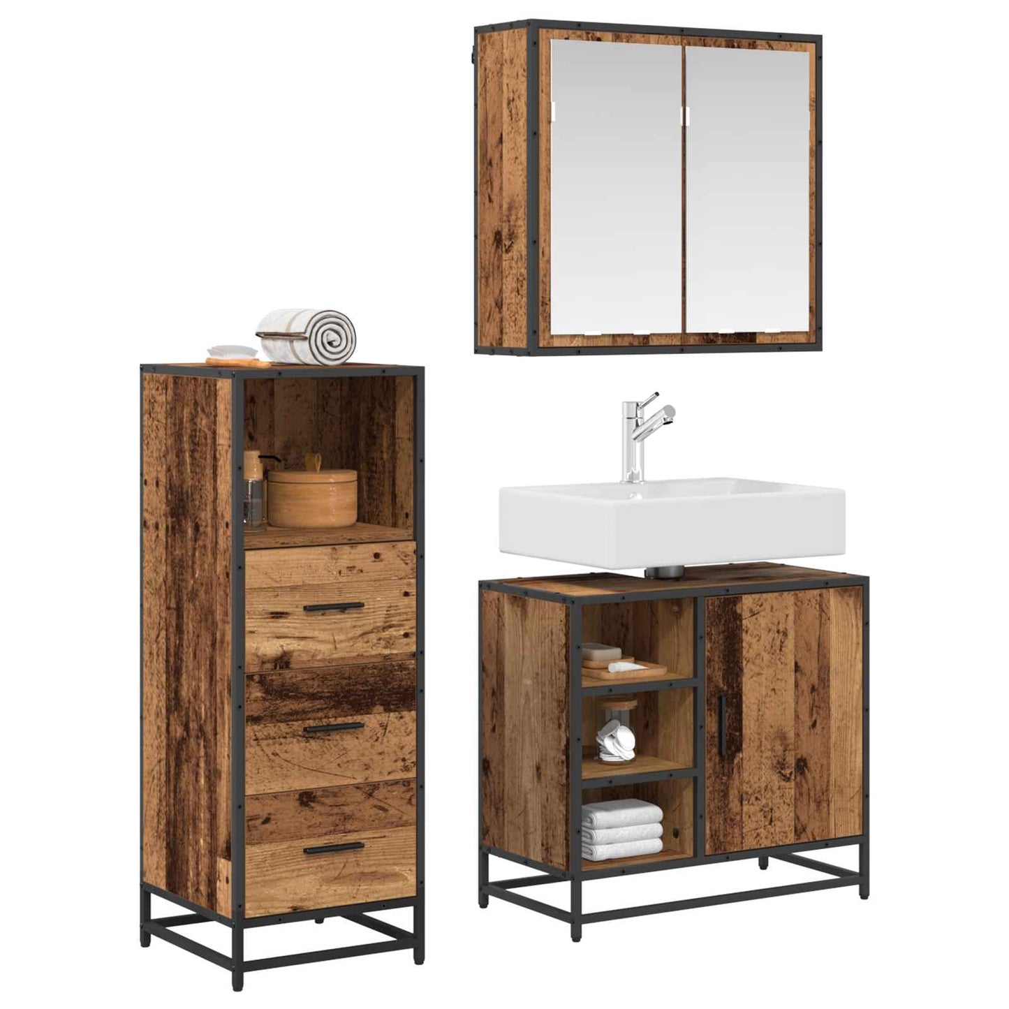 vidaXL Bathroom Furniture Set with Door 3 pcs Old Wood Engineered Wood