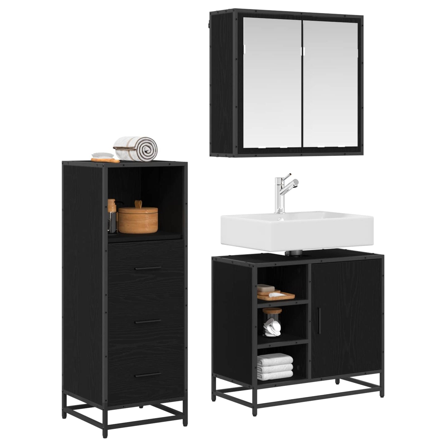 vidaXL Bathroom Furniture Set 3 pcs Black Oak Engineered Wood