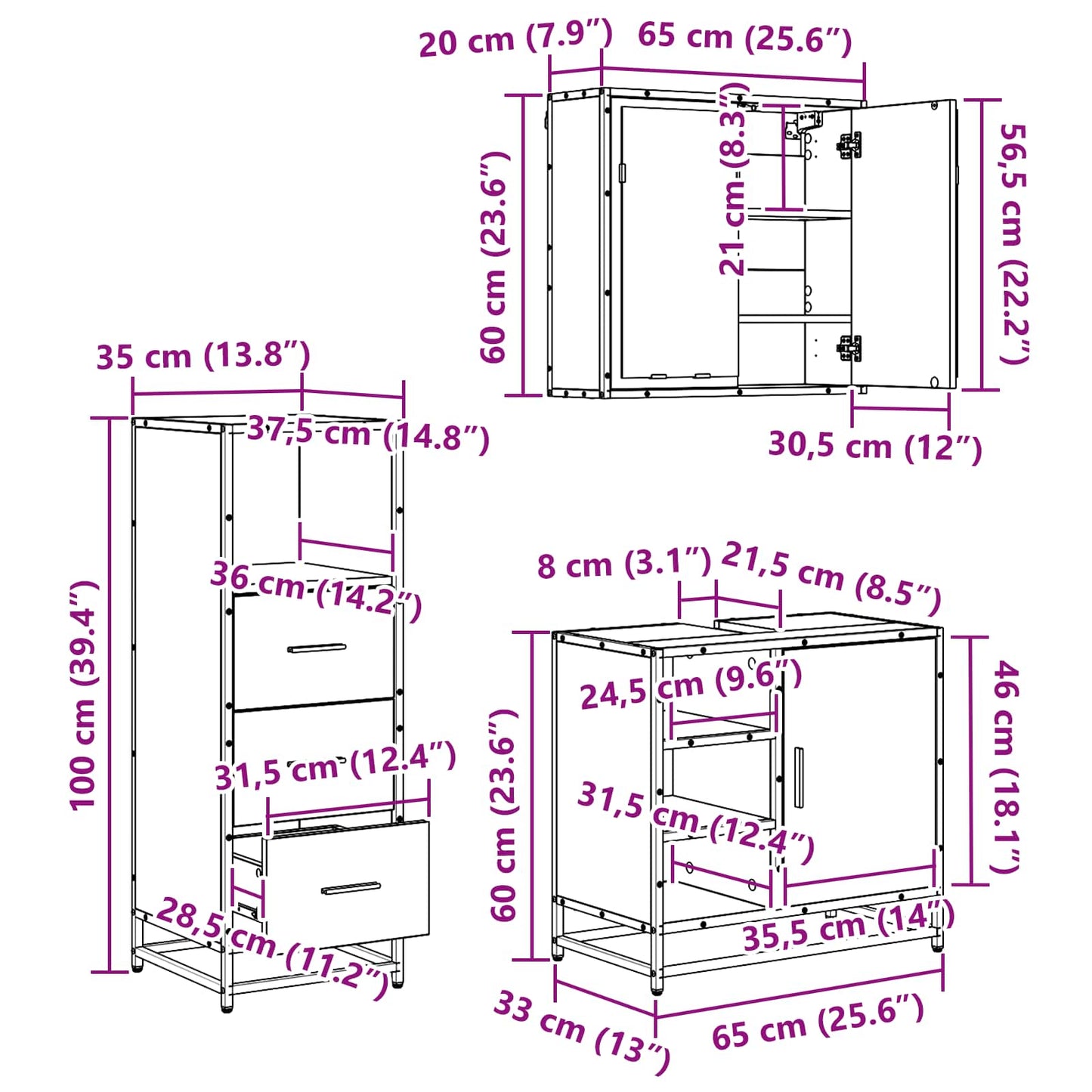 vidaXL Bathroom Furniture Set 3 pcs Black Oak Engineered Wood
