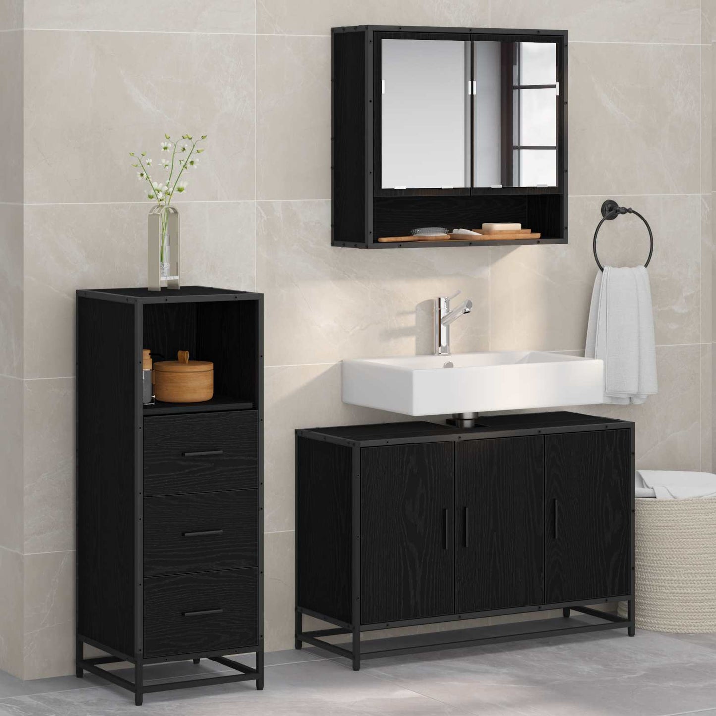 vidaXL Bathroom Furniture Set 3 pcs Black Oak Engineered Wood