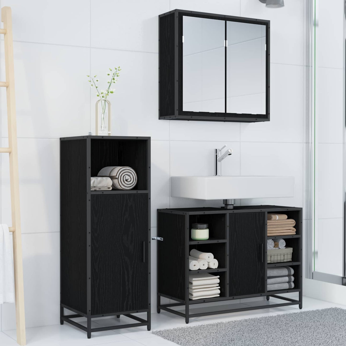 vidaXL Bathroom Furniture Set 3 pcs Black Oak Engineered Wood