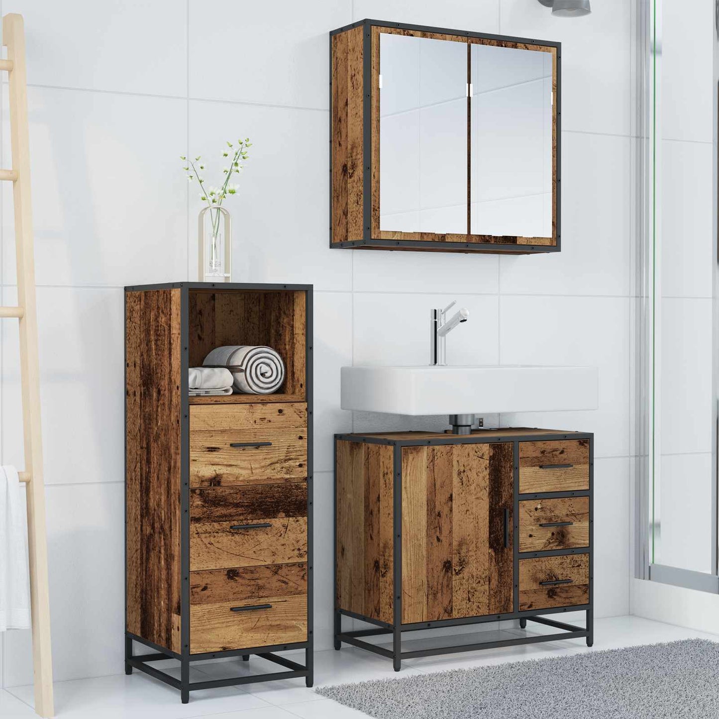 vidaXL Bathroom Furniture Set with Door 3 pcs Old Wood Engineered Wood