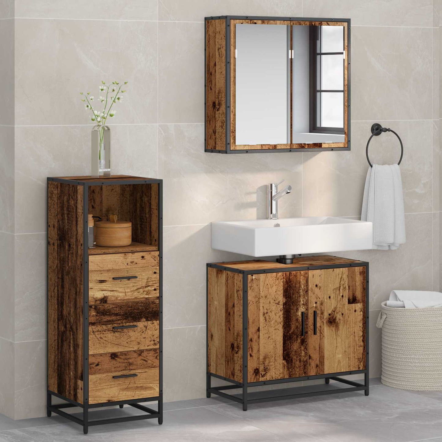 vidaXL Bathroom Furniture Set with Door 3 pcs Old Wood Engineered Wood