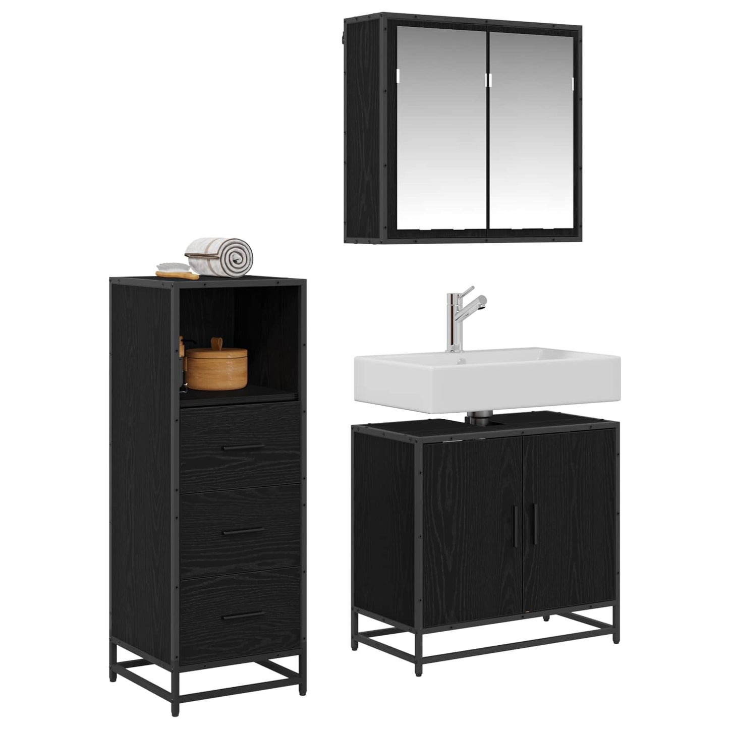 vidaXL Bathroom Furniture Set 3 pcs Black Oak Engineered Wood