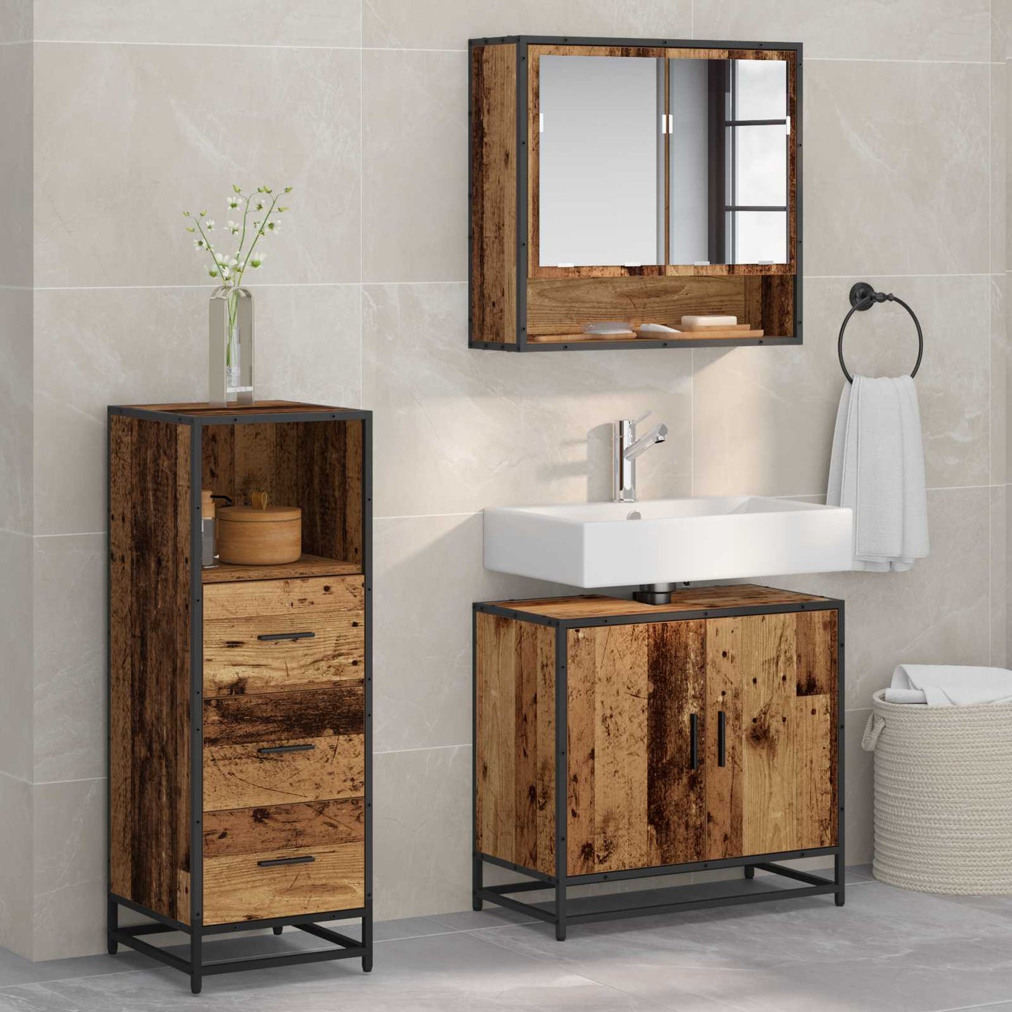 vidaXL Bathroom Furniture Set with Door 3 pcs Old Wood Engineered Wood