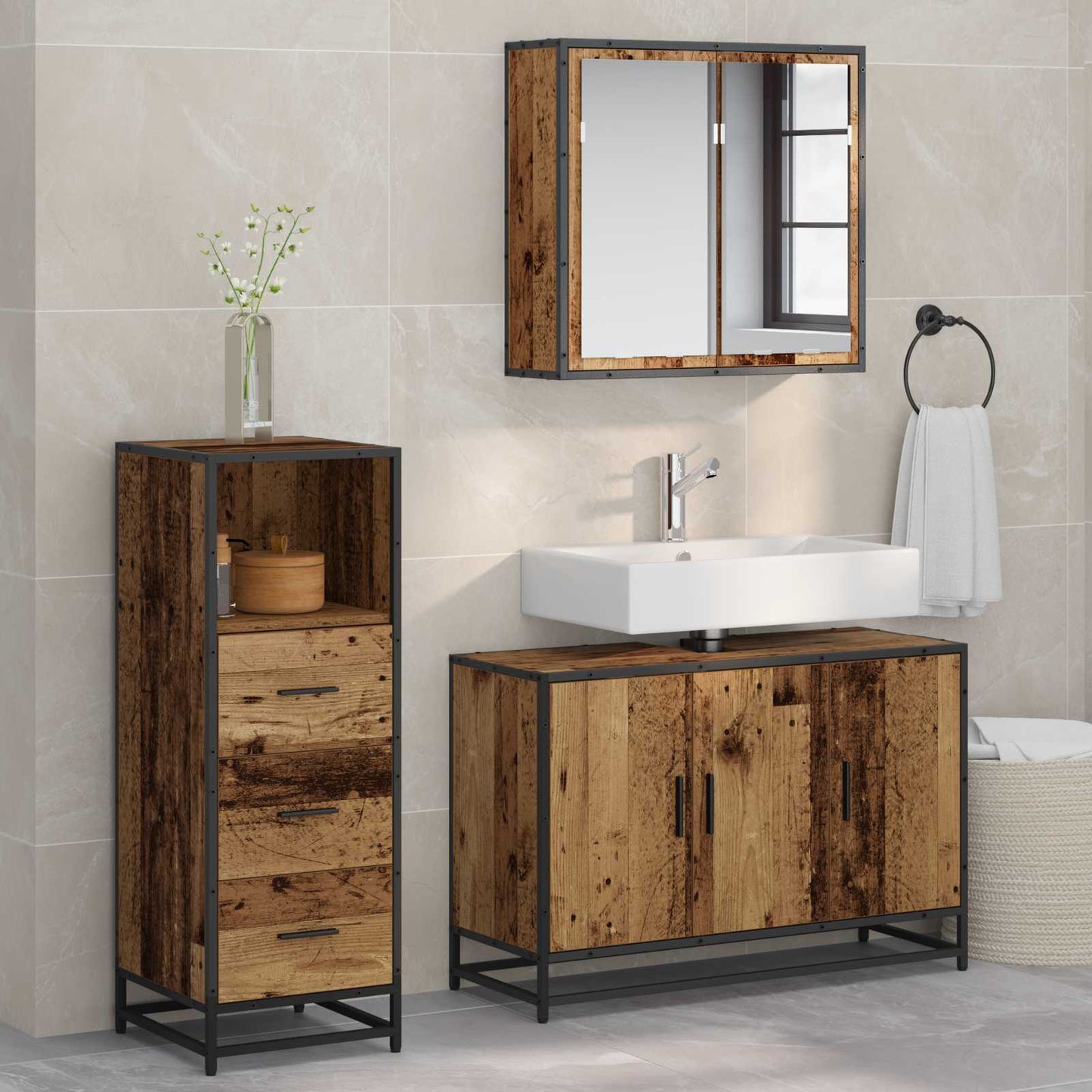 vidaXL Bathroom Furniture Set with Door 3 pcs Old Wood Engineered Wood