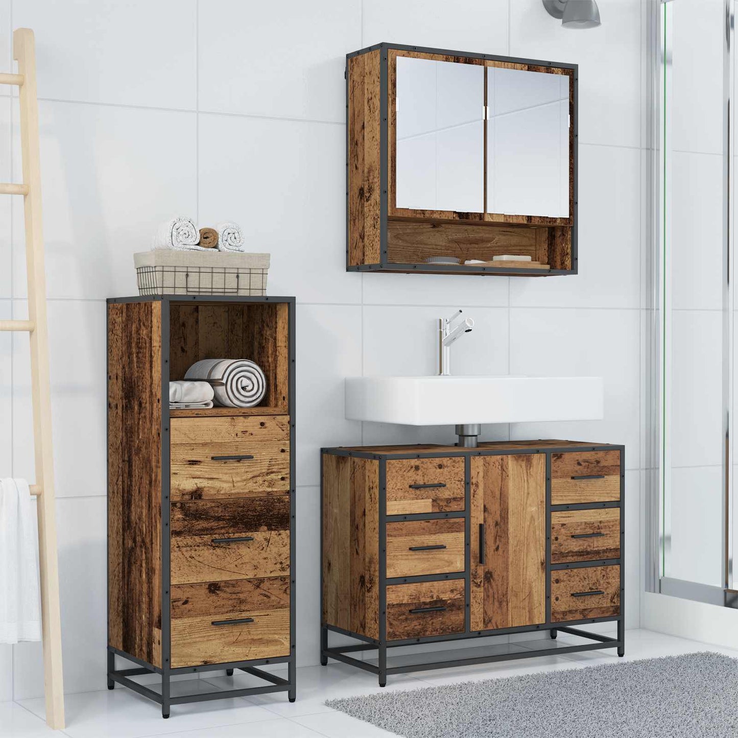vidaXL Bathroom Furniture Set with Door 3 pcs Old Wood Engineered Wood