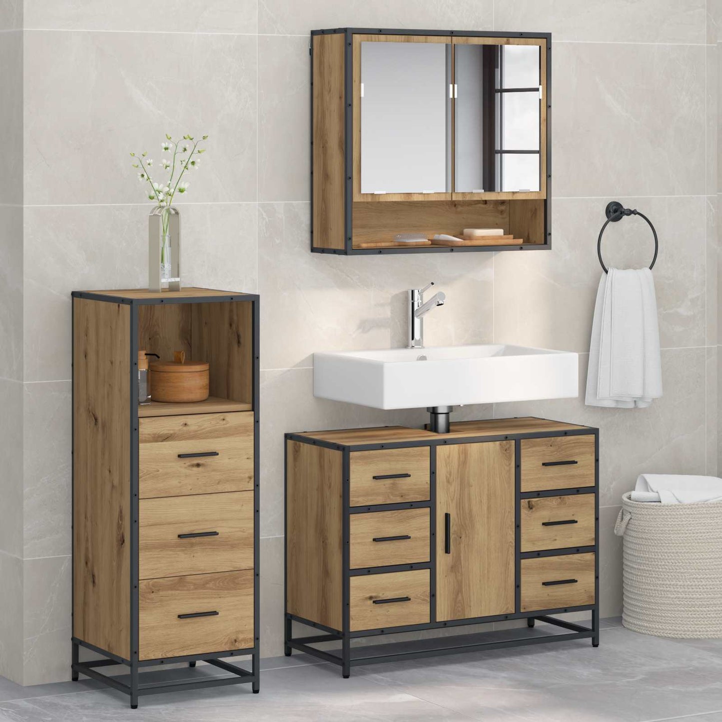 vidaXL Bathroom Furniture Set 3 pcs Artisan Oak Engineered Wood