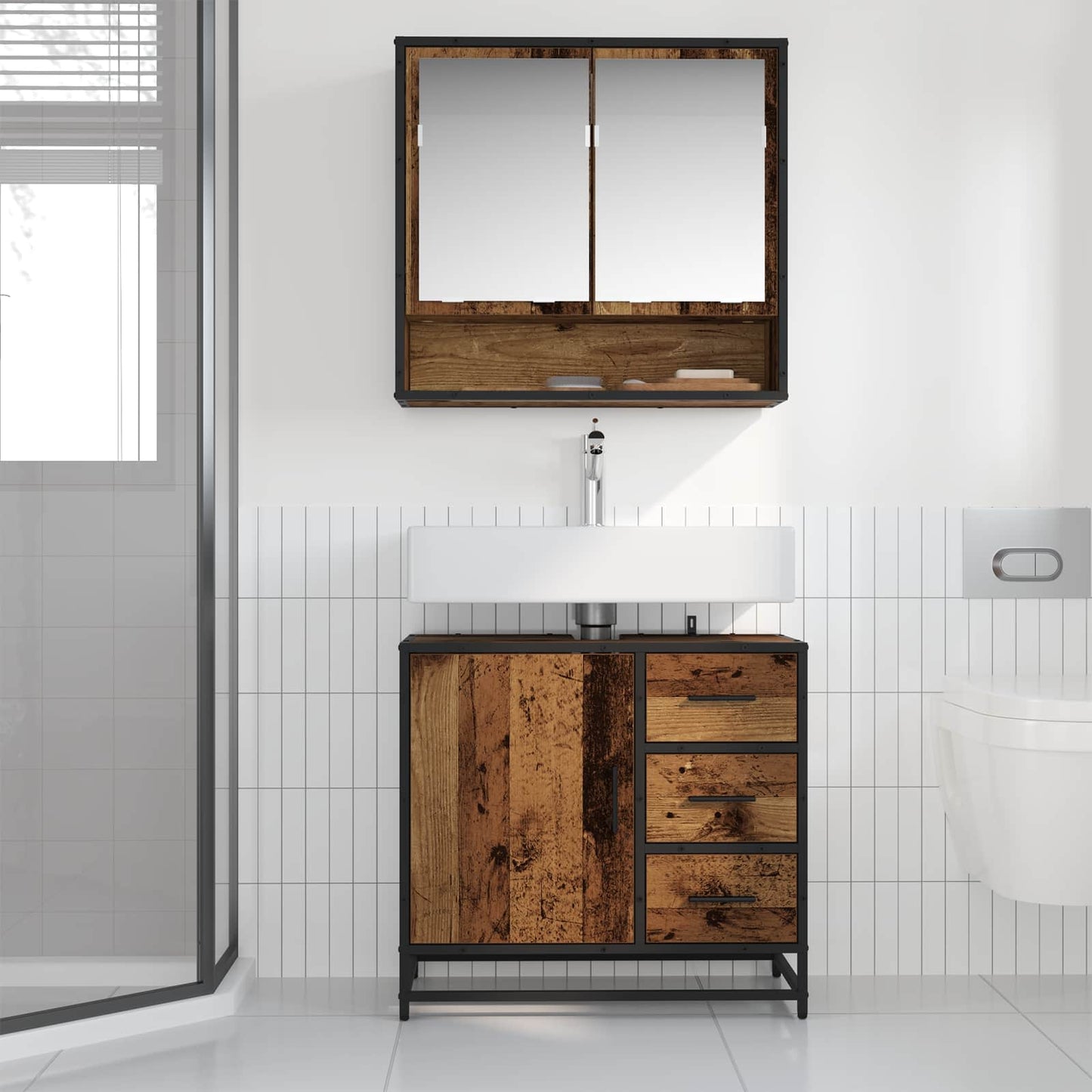 vidaXL Bathroom Furniture Set with Door 2 pcs Old Wood Engineered Wood