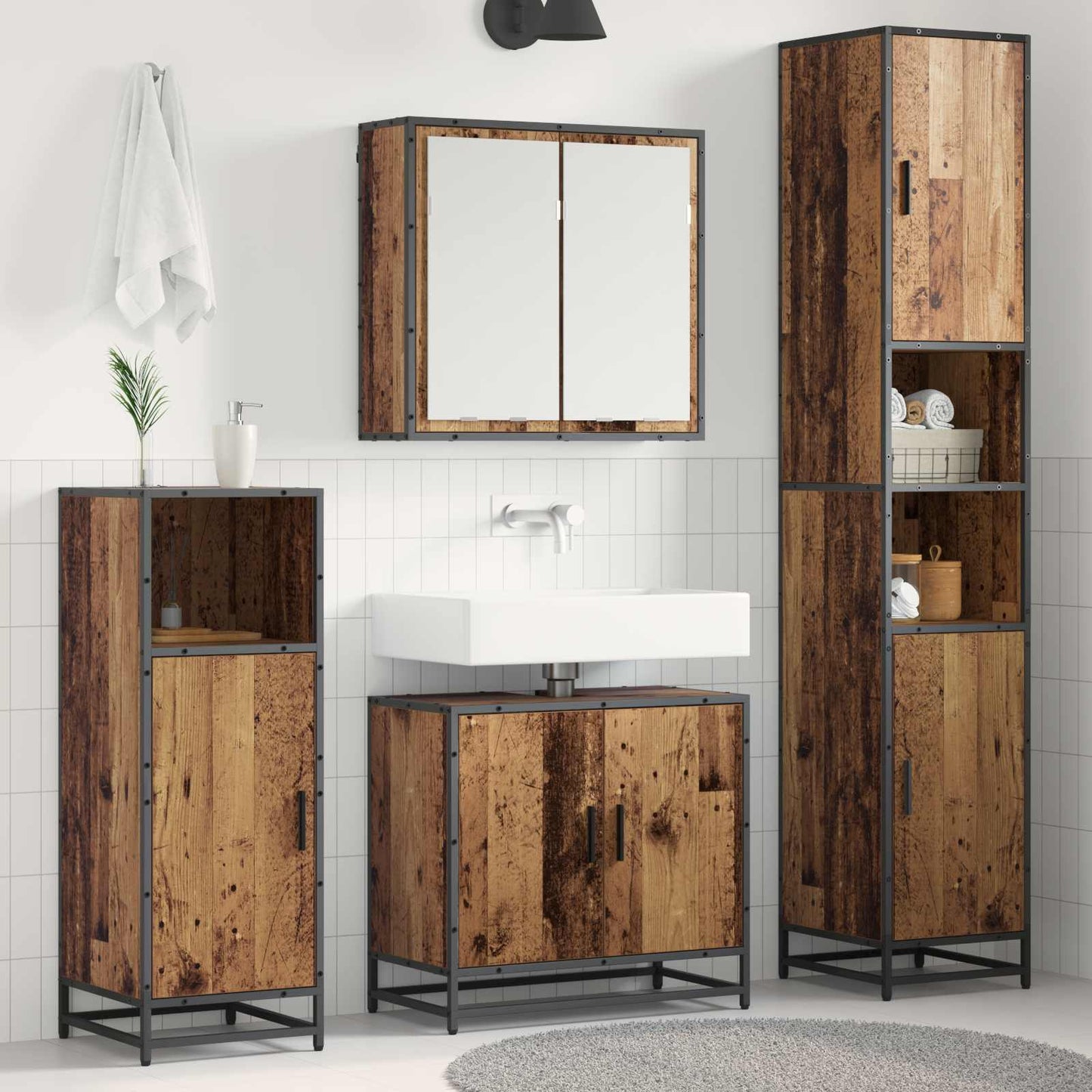 vidaXL Bathroom Furniture Set with Door 3 pcs Old Wood Engineered Wood