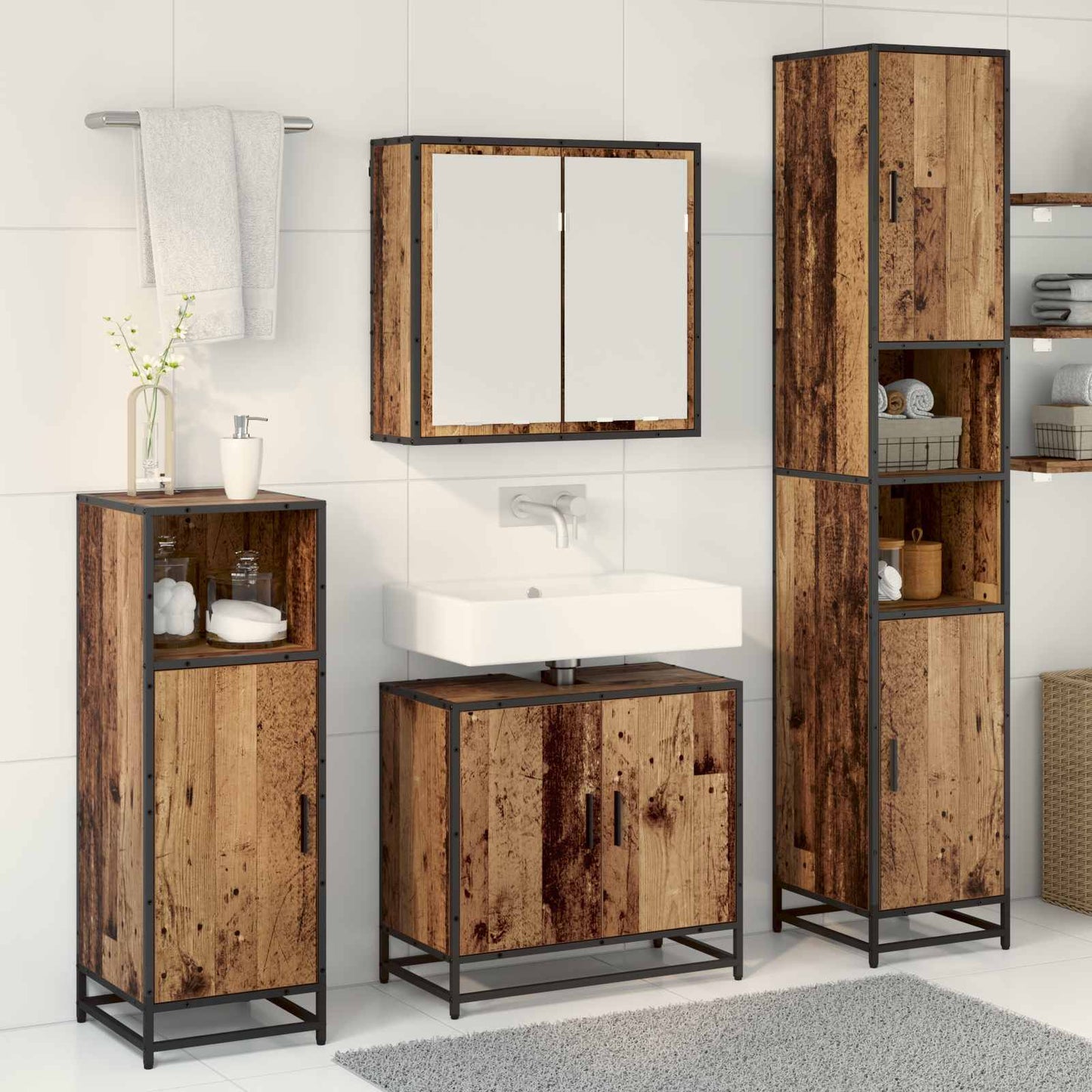 vidaXL Bathroom Furniture Set with Door 3 pcs Old Wood Engineered Wood