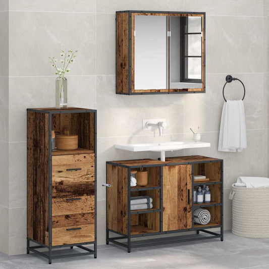 vidaXL Bathroom Furniture Set with Door 3 pcs Old wood 80 x 33 x 60 cm