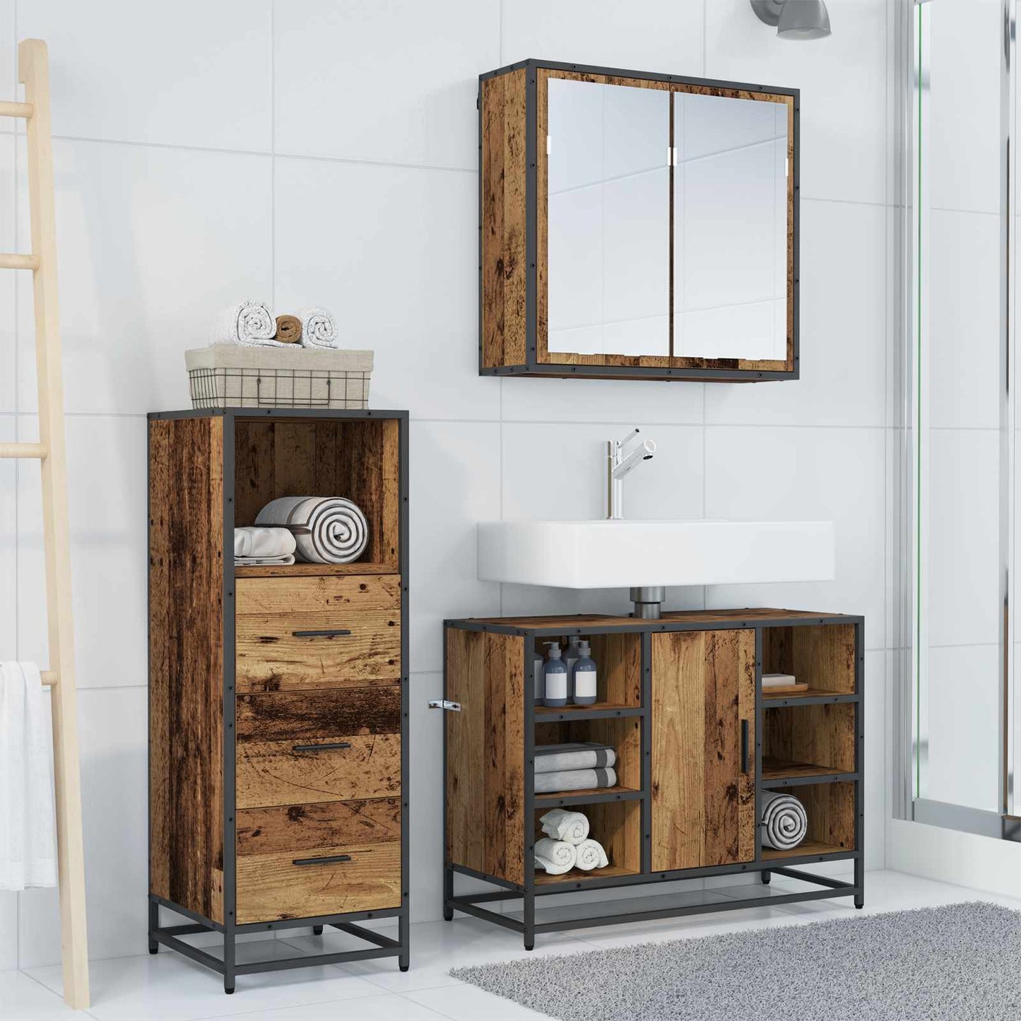 vidaXL Bathroom Furniture Set with Door 3 pcs Old Wood Engineered Wood