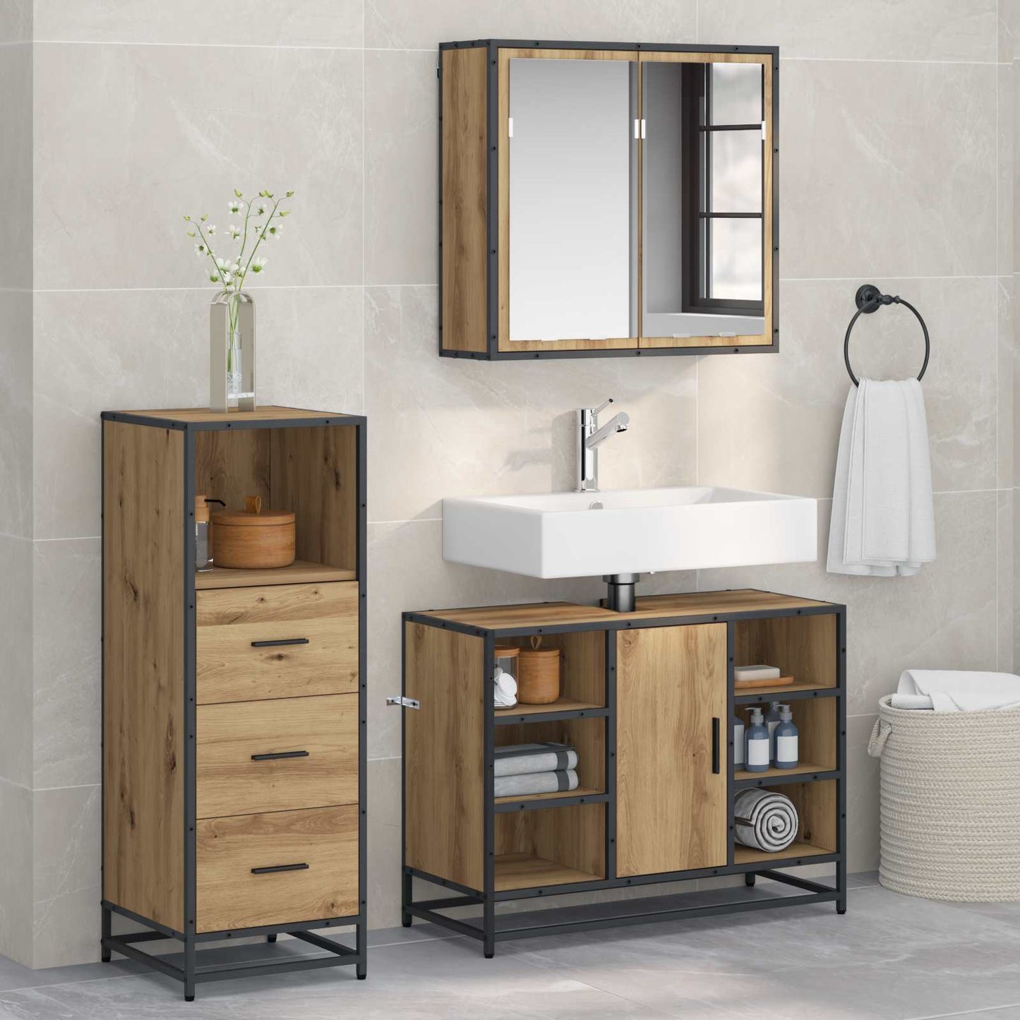 vidaXL Bathroom Furniture Set 3 pcs Artisan Oak Engineered Wood