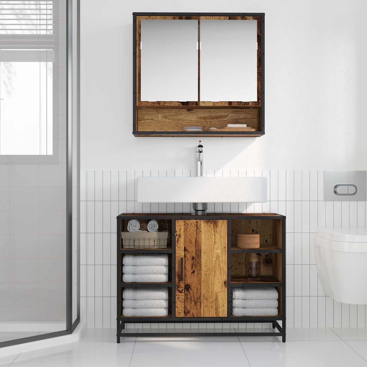 vidaXL Bathroom Furniture Set with Door 2 pcs Old Wood Engineered Wood
