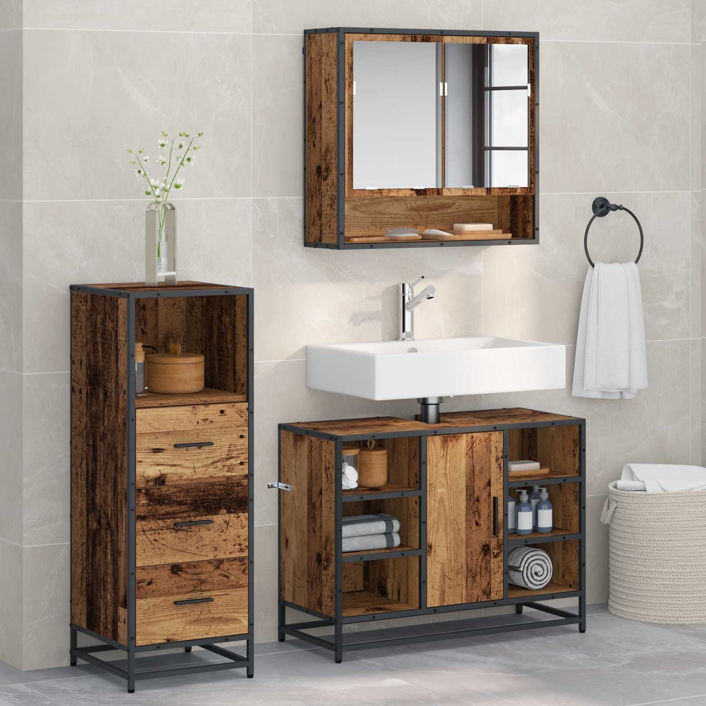 vidaXL Bathroom Furniture Set with Door 3 pcs Old Wood Engineered Wood