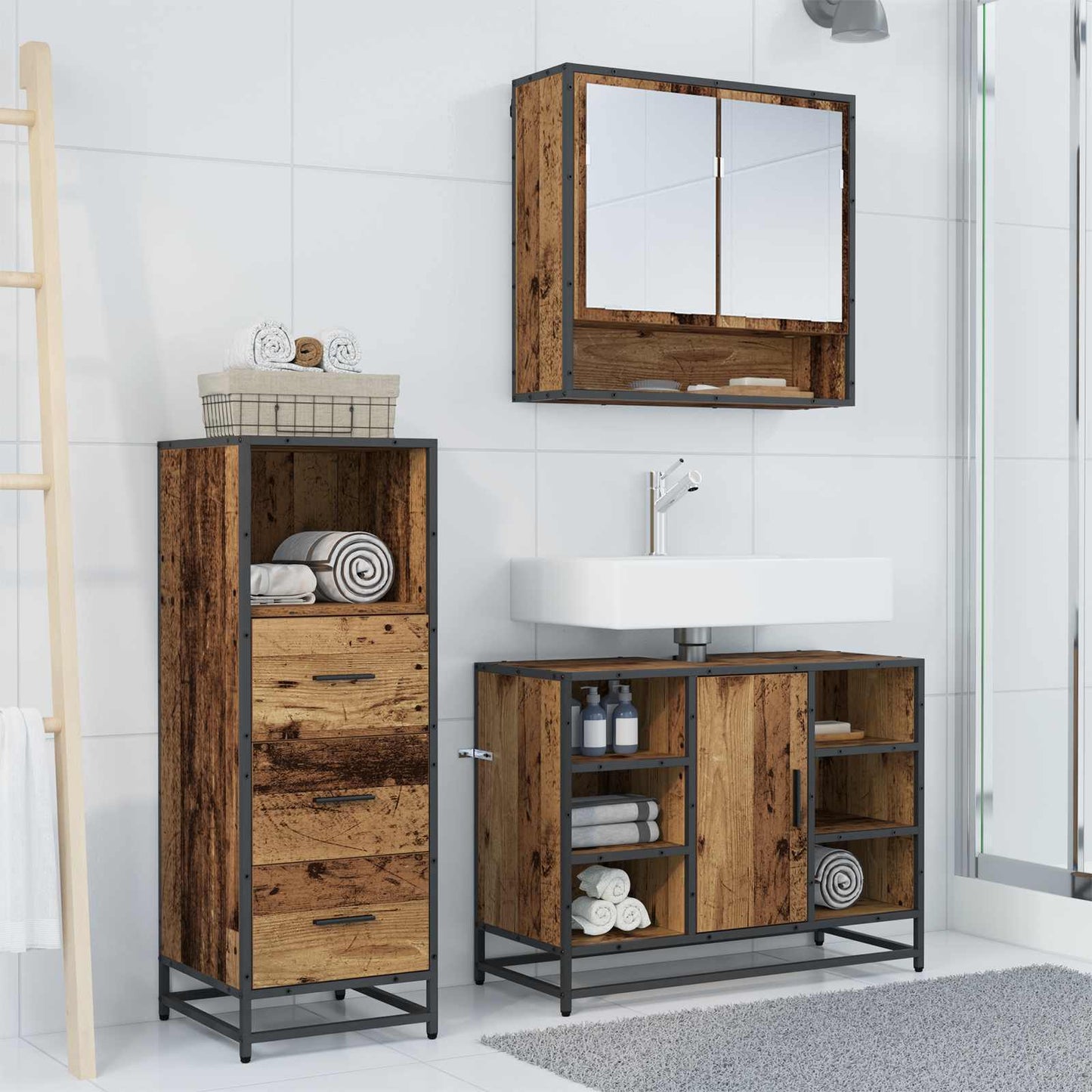 vidaXL Bathroom Furniture Set with Door 3 pcs Old Wood Engineered Wood