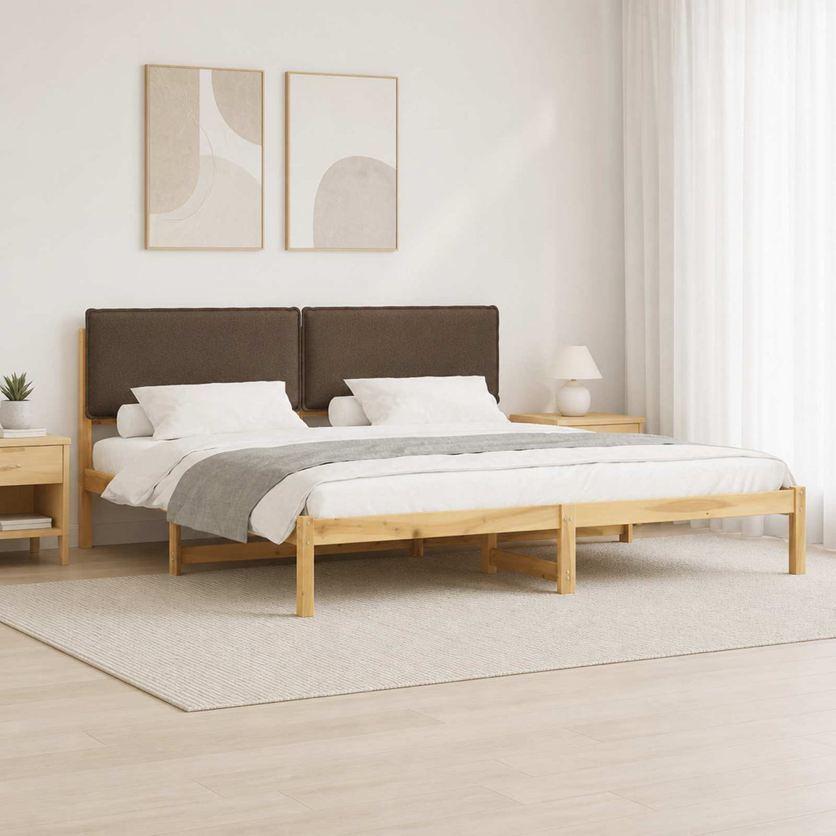 vidaXL Bed Frame with Upholstered Headboard Whitewash and Taupe