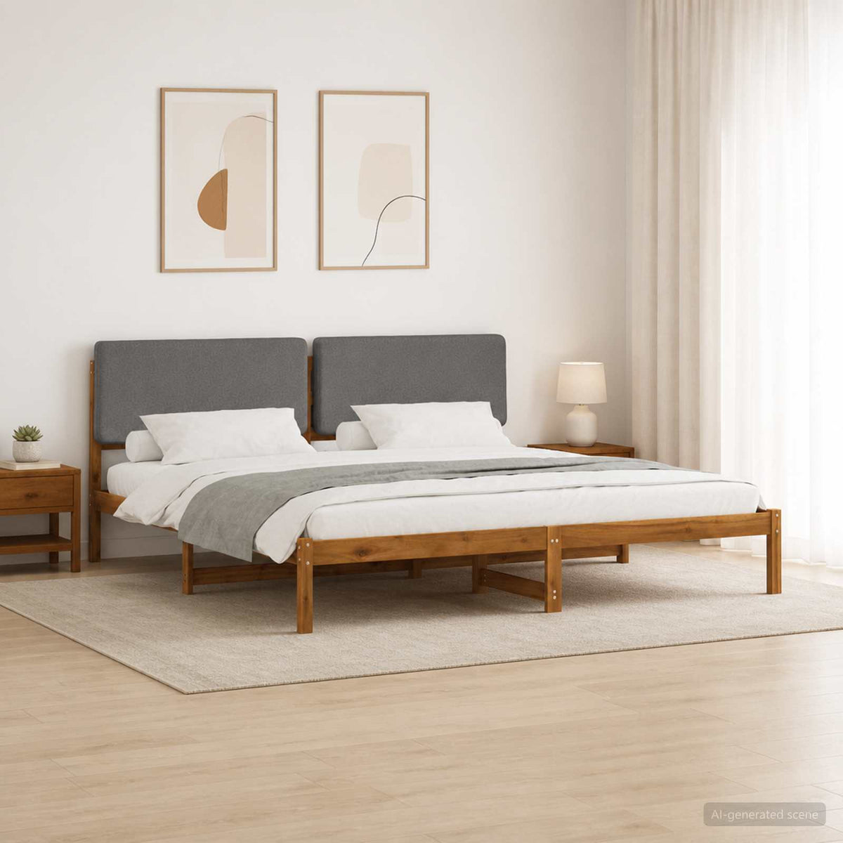 vidaXL Bed Frame with Upholstered Headboard Natural and Light Grey
