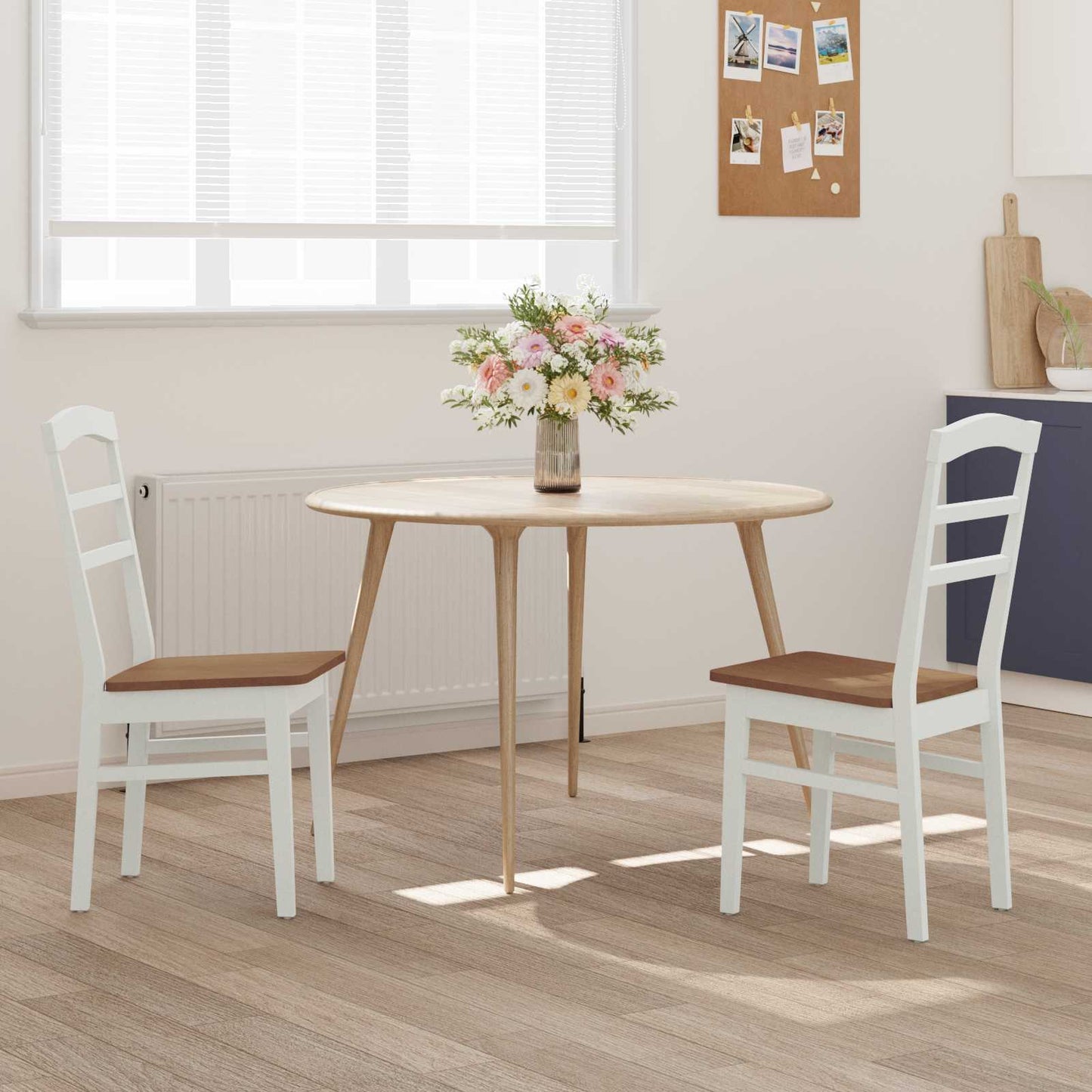 vidaXL Dining Chair 2 pcs White and Natural Solid Rubber Wood