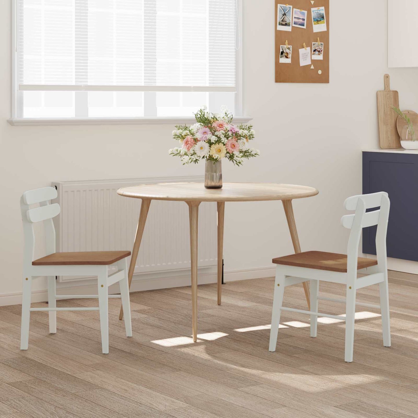 vidaXL Dining Chair 2 pcs White and Natural Solid Rubber Wood