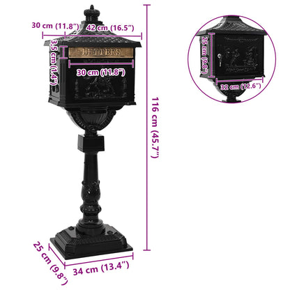 vidaXL Standing Mailbox Black 42.5 x 29.5 x 117 cm Cast Aluminum