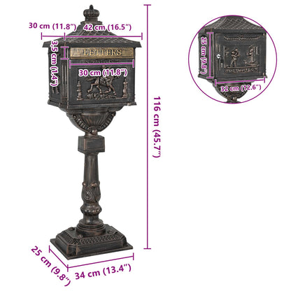 vidaXL Standing Mailbox Bronze 42.5 x 29.5 x 117 cm Cast Aluminum