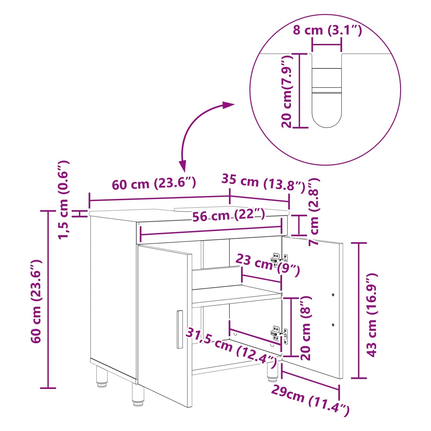 vidaXL Bathroom Vanity Unit Smoked Oak 60 x 35 x 60 cm Engineered Wood