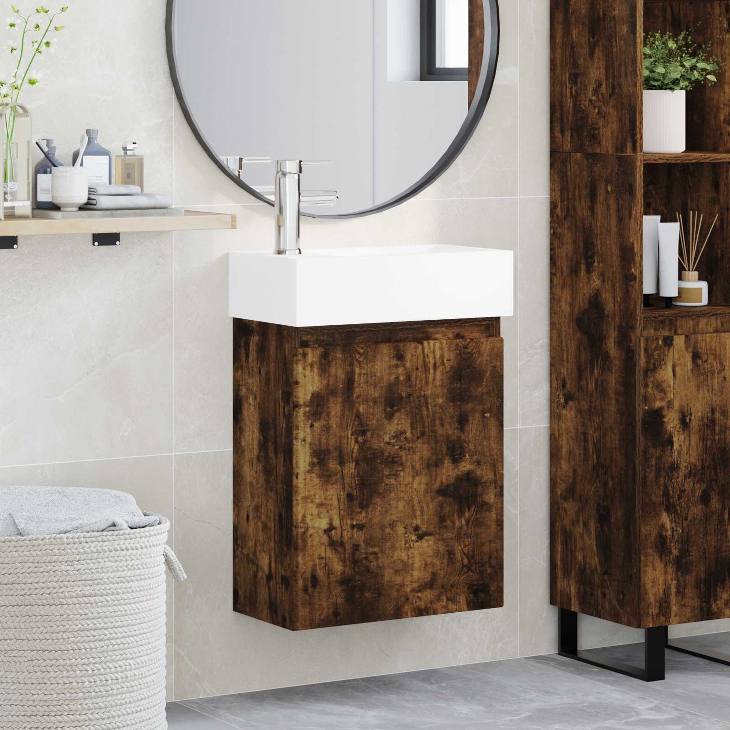 vidaXL Bathroom Vanity Unit with Tap Smoked Oak 45.5 x 22.5 x 84 cm