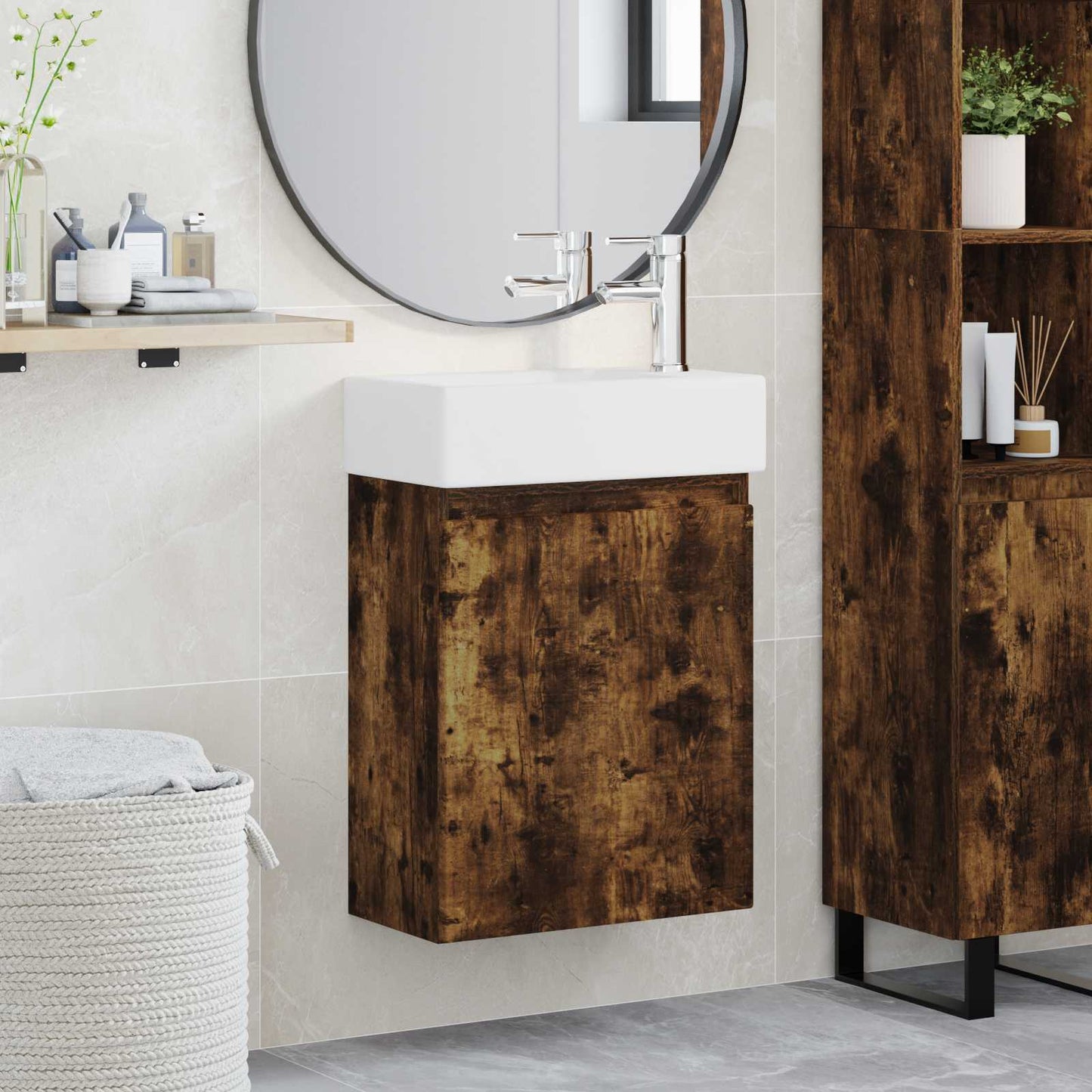 vidaXL Bathroom Vanity Unit with Tap Smoked Oak 45.5 x 22.5 x 84 cm
