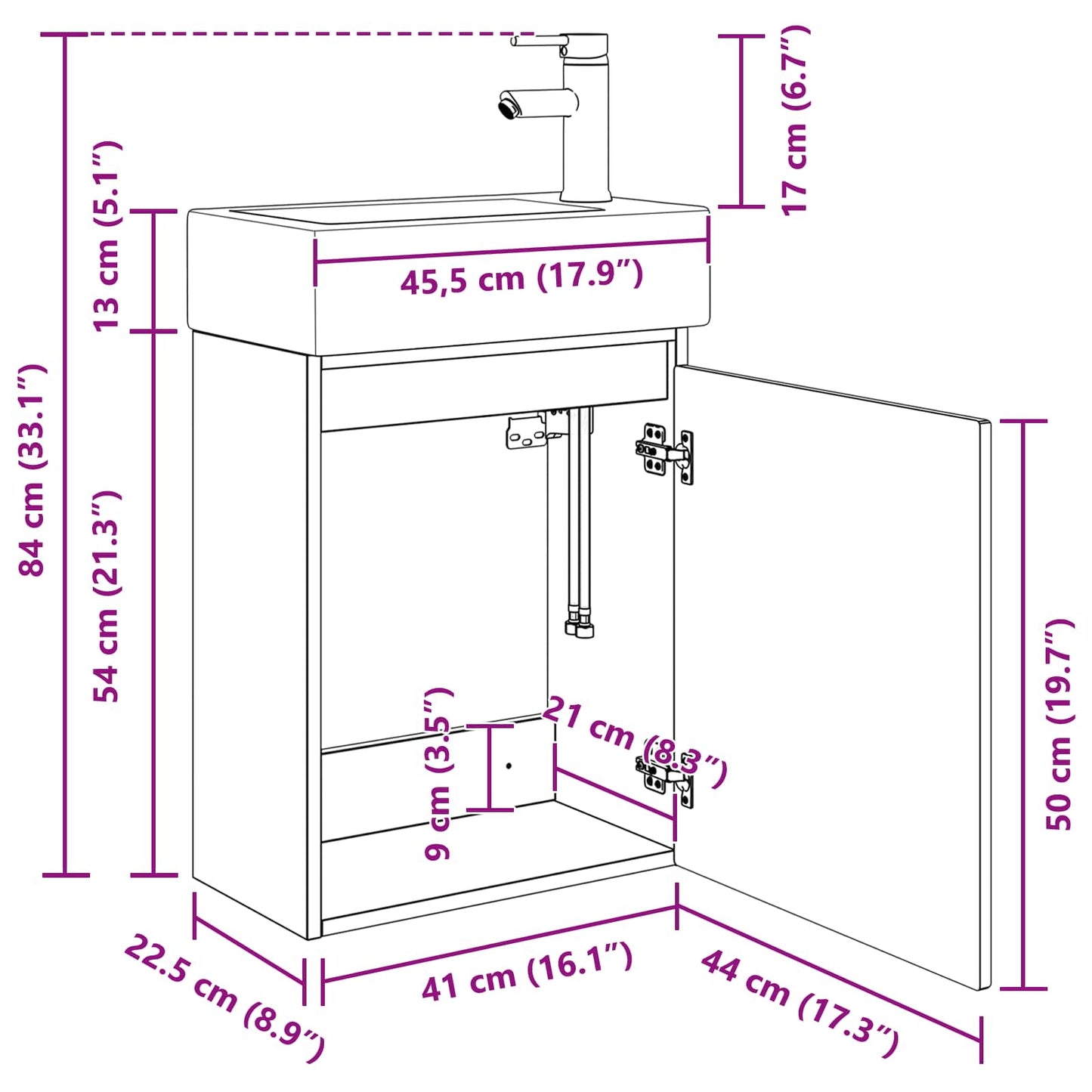 vidaXL Bathroom Vanity Unit with Tap Grey Sonoma 45.5 x 22.5 x 84 cm